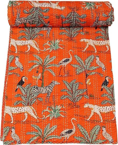 Indian Traditional Pure Cotton Jungle Print Kantha Quilt Bed Cover