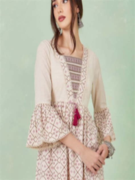 Buy Styli Off White Ethnic Motifs Embroidered Bell Sleeves Cotton Tunic