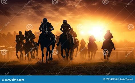 Horse Racing at Sunset. Silhouette of Thoroughbred and Jockey Stock ...