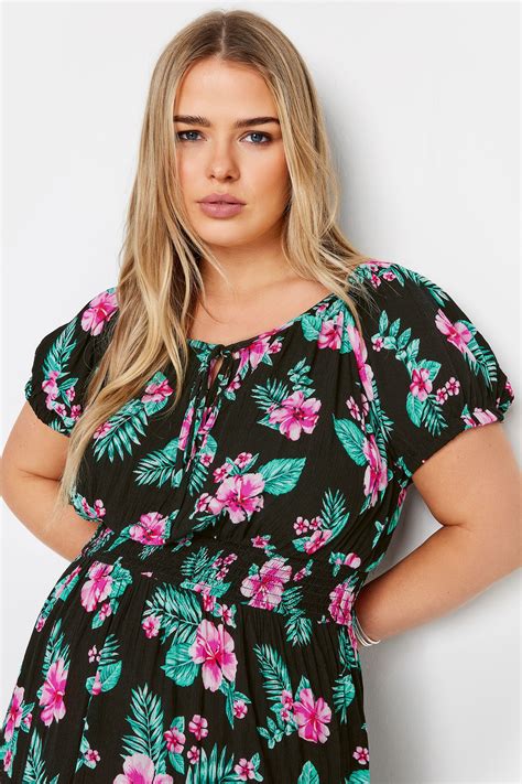 Yours Plus Size Black Floral Tropical Print Bardot Maxi Dress Yours