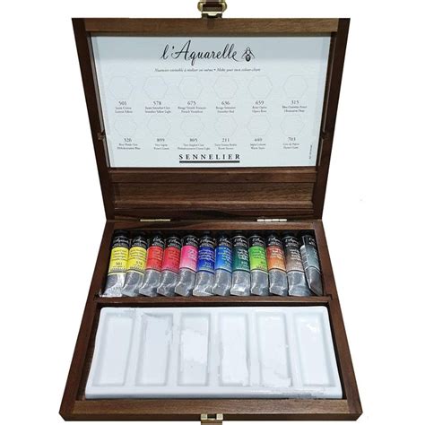 Coffret Bois En Noyer 12 Tubes 10ml Aquarelle Extra Fine Et Une Palette