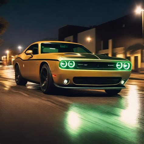 night drive tan dodge challenger  green headlights