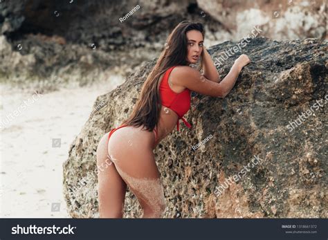 Backside View Sexy Brunette Girl Red Stock Photo Edit Now 1318661372
