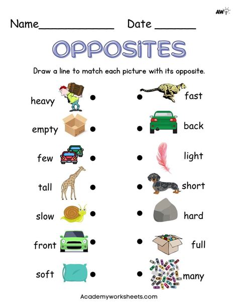 Identifying Opposites For Kindergarten And 1st Grade Academy Worksheets