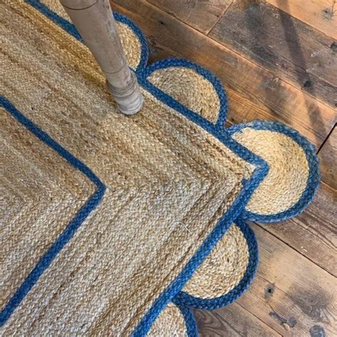 Scalloped Jute Rug Blue Jute Scallop Boho Decor Handmade Rug Etsy