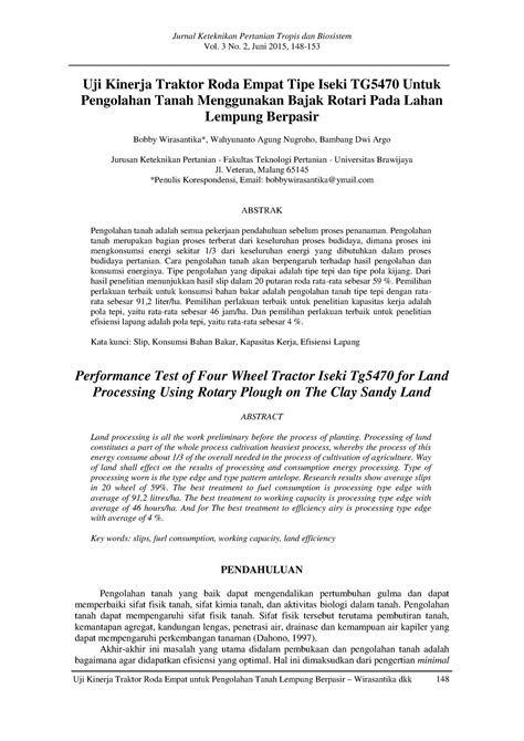 Uji Kinerja Traktor Roda Empat Tipe Iseki TG5470 Untuk Pengolahan Tanah