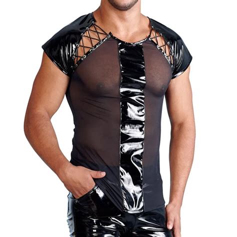 Black Transparent Men Mesh Side Sexy Faux Leather Pvc Tops Pole Dance Costume Gay Addicted