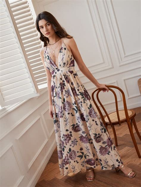 Shein Vcay Plunging Neck Crisscross Backless Floral Maxi Dress Shein Usa