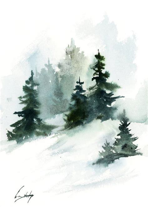 Pine Trees Landscape Painting Winter Landscape Original Watercolor Painting Snowy Nature