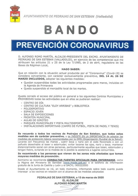 BANDO PREVENCIÓN CORONAVIRUS Ayuntamiento de Pedrajas de San Esteban