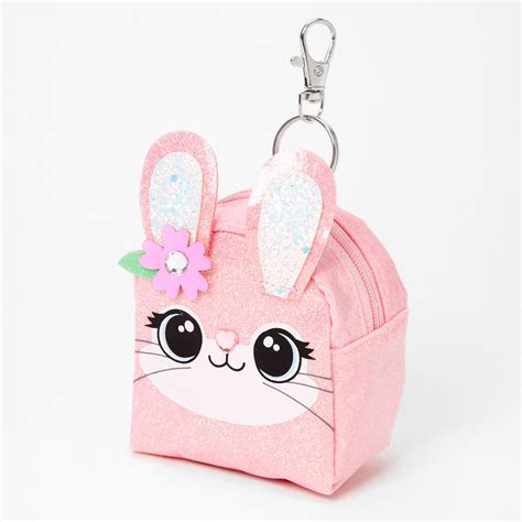 Glitter Bunny Face Mini Backpack Keychain Pink Backpack Keychains Bunny Face Mini Backpack