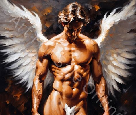 Digital Print Of Nude Male Angel With White Wings Painting Nice Naked Man Figure Picture