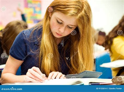 Strawberry Blonde Teenage Girl Doing Math Work Stock Photo Image Of Blonde School