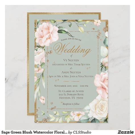 Elegant Green Blush Pink Watercolor Floral Wedding Invitation Zazzle