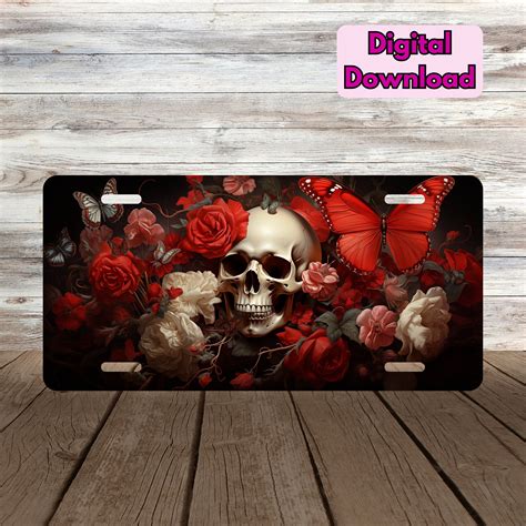 Skull License Plate PNG, Skull With Roses License Plate PNG, Skull ...