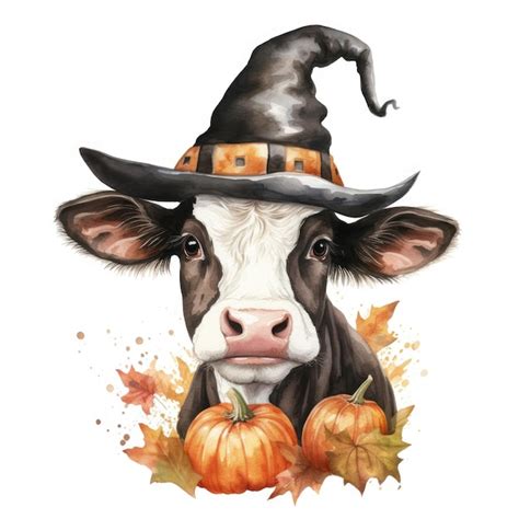 Premium AI Image | Cute and Spooky Watercolor Halloween Cow with Hat ...