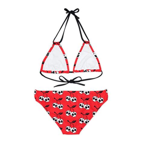 Cherry Skulls Red Strappy Bikini Set Piece Swimsuit Top Bottom With
