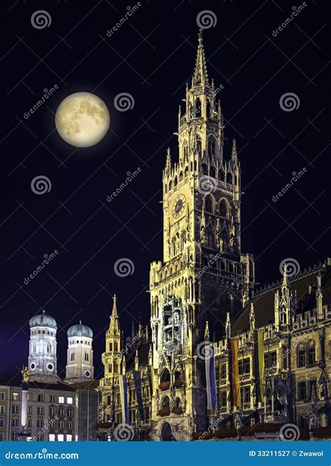 Night Scene Munich Town Hall and Moon Stock Image - Image of center