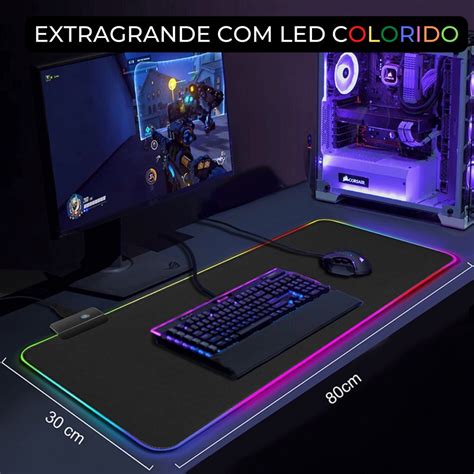 Mouse Pad Gamer RGB Grande Led Extragrande Emborrachado Preto 13