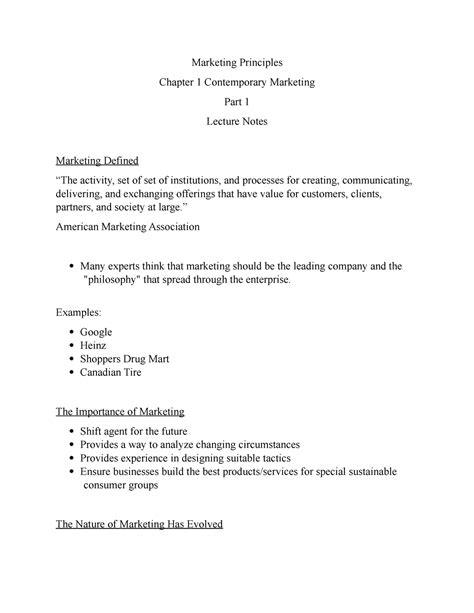 Marketing Principles Lecture Notes Ch 1 Part 1 Marketing Principles