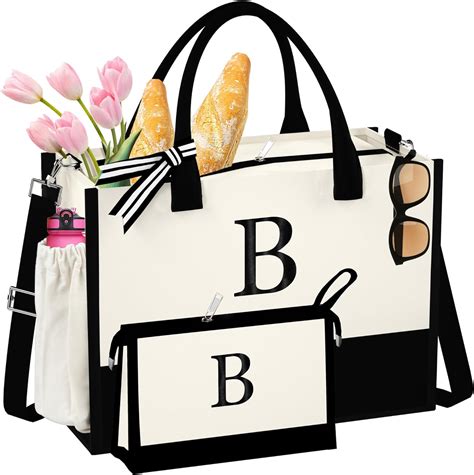 Amazon Qlovea Initial Canvas Tote Bag With Makeup Bag Beach Tote