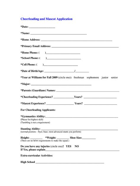 Cheerleading and Mascot Application - Williams Baptist College: Fill ...