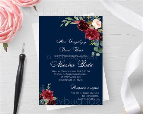 Editable Invitation Navy And Burgundy Invitaciones De Boda Para