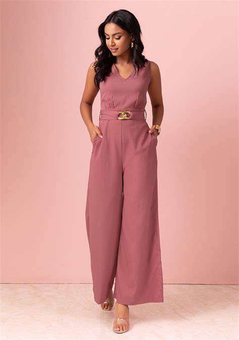 Buy Women Pink V Neck Jumpsuit With Belt Date Night Dress Online