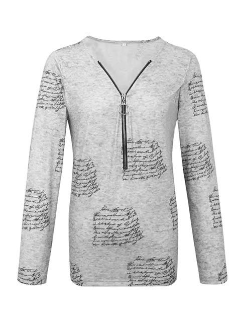 Letter Print Zipper T Shirt Casual V Neck Long Sleeve T Shirt For