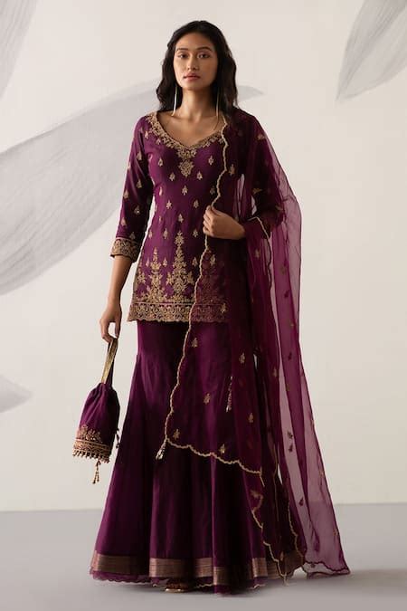 Buy Purple Silk Chanderi Embroidered Zardozi Work V Neck Kurta Gharara