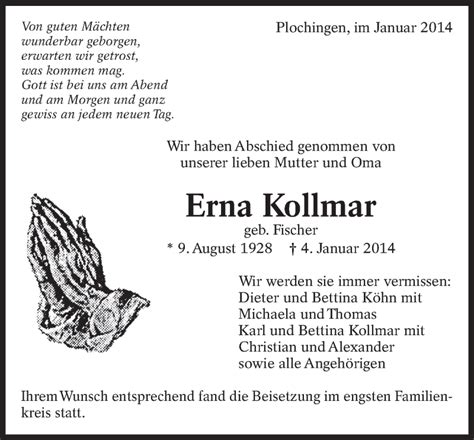 Traueranzeigen Von Erna Kollmar Zeit Des Gedenkens De