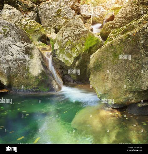 clear cascade  river  forest canyon  big stones nature scene