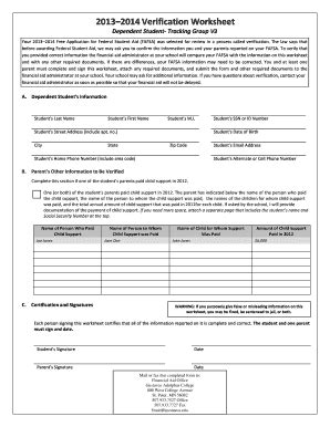 Fillable Online Gustavus 2013 2014 Verification Worksheet Gustavus