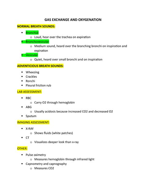 Oxygenation And Gas Exchange Notes Gas Exchange And Oxygenation