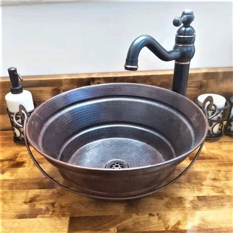 Simplycopper 15 Round Copper Bucket Vessel Bathroom Sink In Aged Copper With Daisy Drain 15