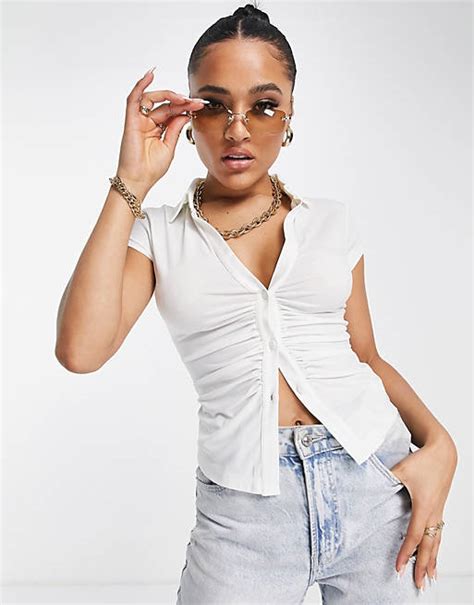 Asos Design Ruched Plunge Short Sleeve Shirt In Slinky In White Asos