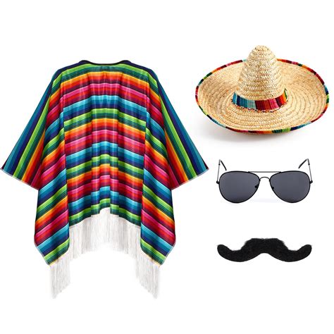Yahenda Mexican Costume Accessories Set: Serape Poncho, Sombrero Hat