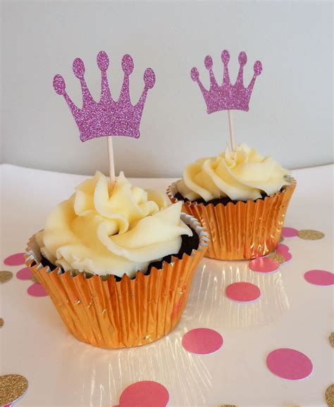 12 X Pink Glitter Crown Cupcake Toppers Birthday Christening Baby