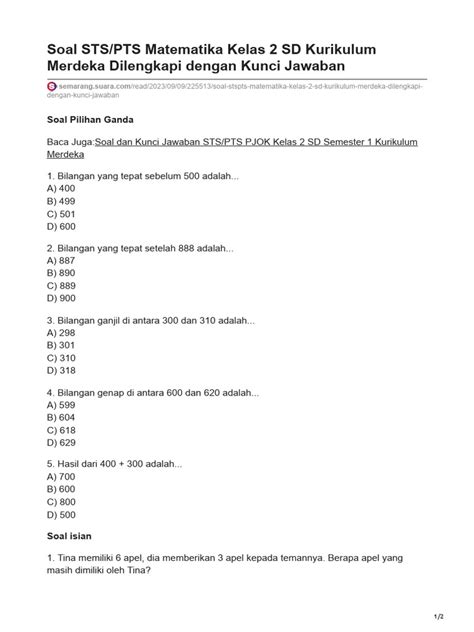 Soal Stspts Matematika Kelas 2 Sd Kurikulum Merdeka Dilengkapi Dengan