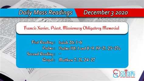 Daily Mass Readings for Thursday, 3 December 2020 - Catholic Gallery