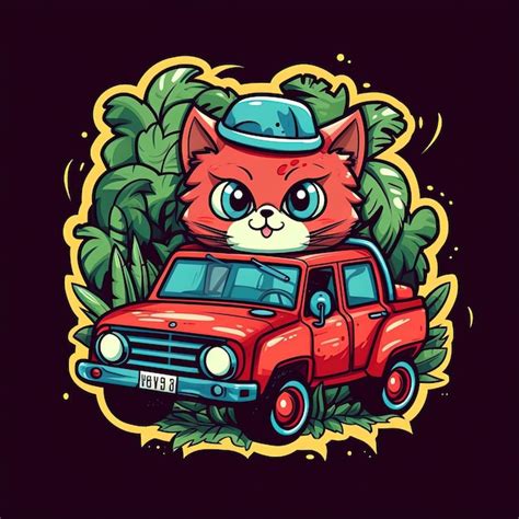 Lindo Gato De Dibujos Animados Conduciendo Un Coche Foto Premium