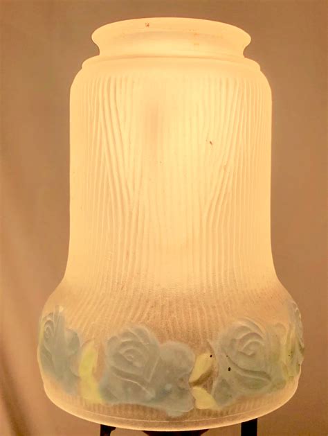 Antique Victorian Frosted Glass Lamp Shade With Blue Hand Painted Flowers