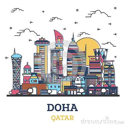 Outline Doha Qatar City Skyline With Colored Modern Buildings Isolated