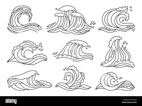 Sea Waves Doodle Set Ocean Water Wave Hand Drawn Design Element