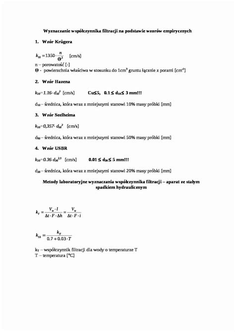 Wyznaczanie współczynnika filtracji na podstawie wzorów empirycznych