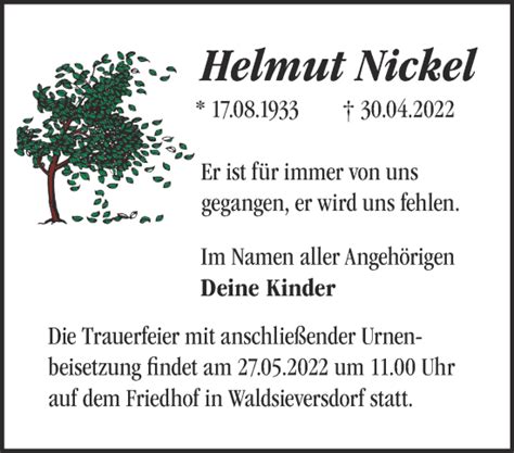 Traueranzeigen von Helmut Nickel Märkische Onlinezeitung Trauerportal