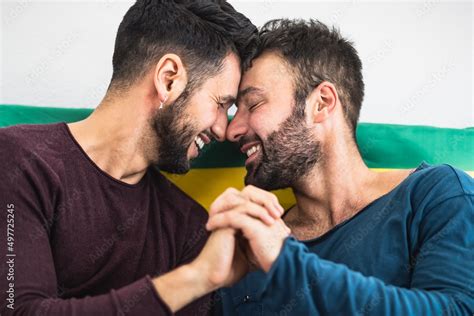 Happy Gay Couple Having Romantic Moments In Bed Homosexual Love