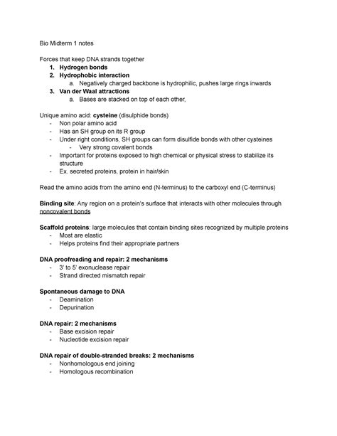 Bio Midterm 1 Review Bio Midterm 1 Notes Forces That Keep Dna Strands