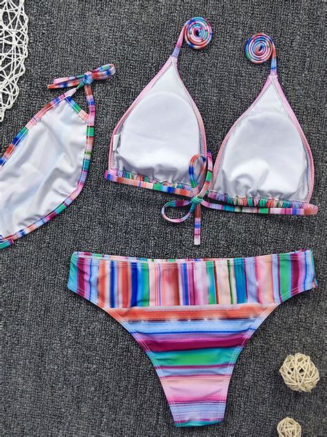 Bikini Maillot De Bain Imprim S Rayures Taille Haute Avec Bretelles