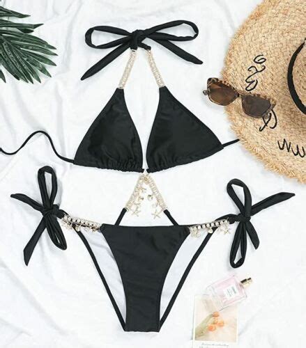 Women S Trendy Piece Triangle Bikini Set Rhinestone Halter Bathing Suit Swimsu Ebay